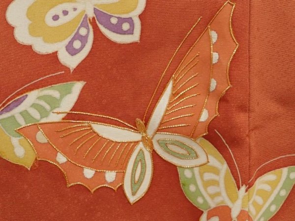Photo4: 6929T11z580 Vintage Japanese Kimono Silk HAORI Butterfly Orange-Brown (4)
