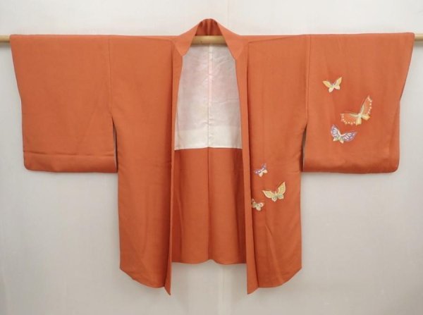 Photo5: 6929T11z580 Vintage Japanese Kimono Silk HAORI Butterfly Orange-Brown (5)