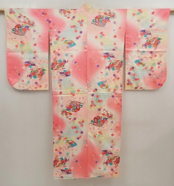Photo1: 6929T13z740 Vintage Japanese Kimono Silk Girl's  Folding fan Red-Pink (1)
