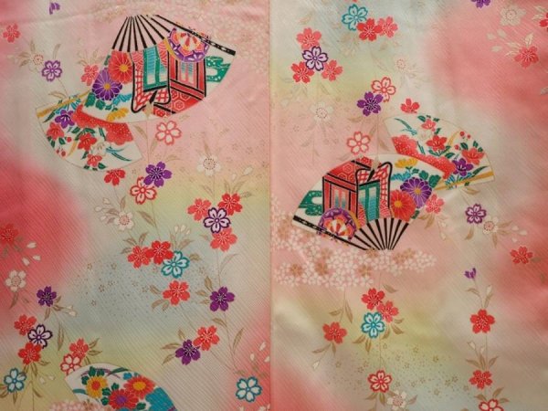 Photo3: 6929T13z740 Vintage Japanese Kimono Silk Girl's  Folding fan Red-Pink (3)