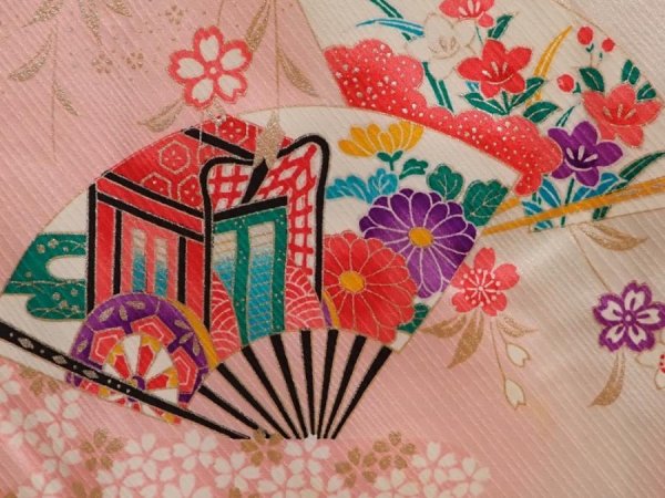 Photo4: 6929T13z740 Vintage Japanese Kimono Silk Girl's  Folding fan Red-Pink (4)