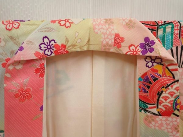 Photo5: 6929T13z740 Vintage Japanese Kimono Silk Girl's  Folding fan Red-Pink (5)