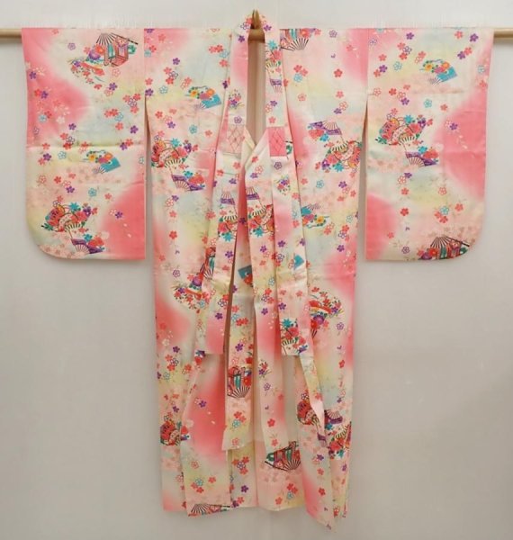 Photo6: 6929T13z740 Vintage Japanese Kimono Silk Girl's  Folding fan Red-Pink (6)