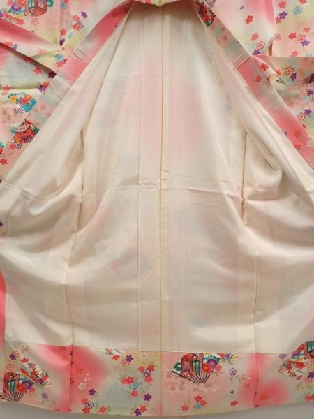 Photo7: 6929T13z740 Vintage Japanese Kimono Silk Girl's  Folding fan Red-Pink (7)