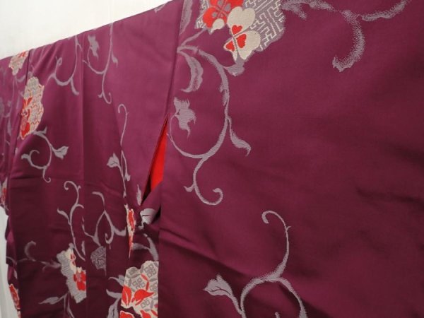 Photo2: 6929T14z730 Antique Japanese Kimono Silk OMESHI Flower Dark grape (2)