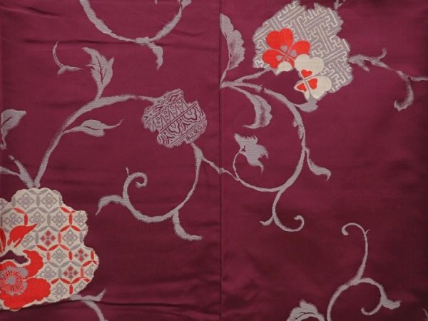 Photo5: 6929T14z730 Antique Japanese Kimono Silk OMESHI Flower Dark grape (5)