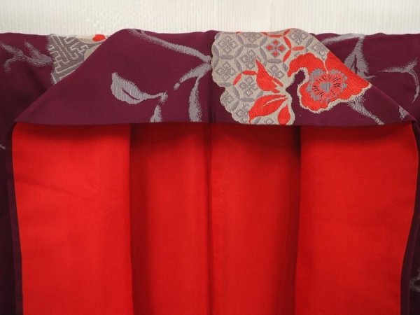 Photo7: 6929T14z730 Antique Japanese Kimono Silk OMESHI Flower Dark grape (7)
