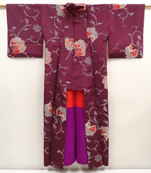 Photo8: 6929T14z730 Antique Japanese Kimono Silk OMESHI Flower Dark grape (8)