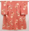 Photo1: 6929T15z630 Antique Japanese Kimono Silk KOMON Chrysanthemum Dark coral (1)