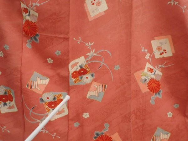 Photo8: 6929T15z630 Antique Japanese Kimono Silk KOMON Chrysanthemum Dark coral (8)