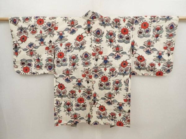 Photo1: 6930T04z380 Vintage Japanese Kimono Silk MEISEN HAORI Flowers Off-white (1)