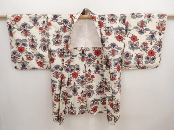 Photo5: 6930T04z380 Vintage Japanese Kimono Silk MEISEN HAORI Flowers Off-white (5)