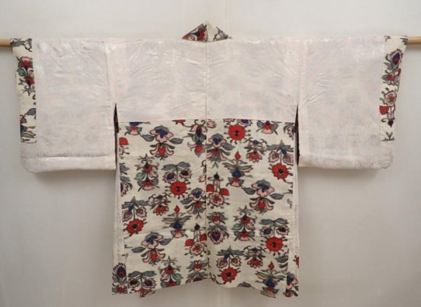 Photo7: 6930T04z380 Vintage Japanese Kimono Silk MEISEN HAORI Flowers Off-white (7)