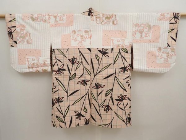 Photo7: 6930T05z430 Vintage Japanese Kimono Silk MEISEN HAORI Flower Pink (7)