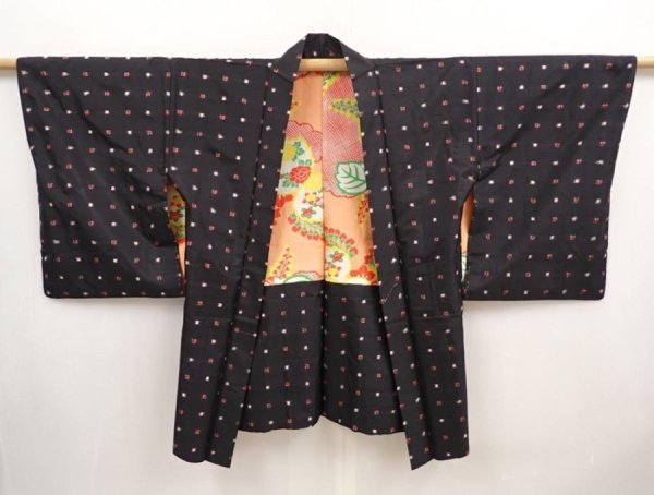 Photo5: 6930T06z360 Vintage Japanese Kimono Silk MEISEN HAORI Dot Black (5)