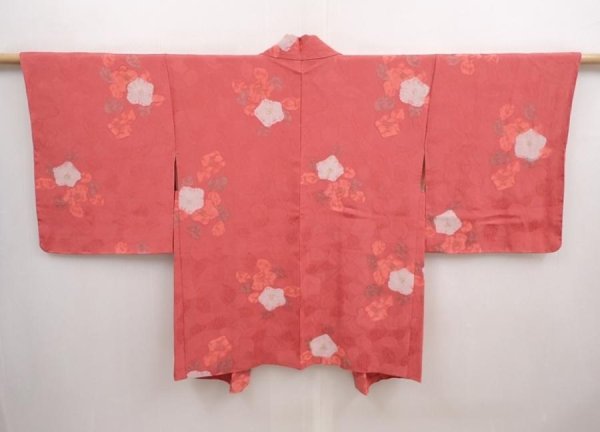 Photo1: 6930T07z520 Vintage Japanese Kimono Silk HAORI Camellia Red-Pink (1)