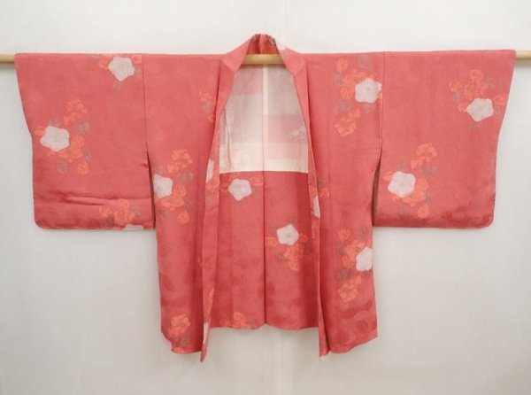 Photo5: 6930T07z520 Vintage Japanese Kimono Silk HAORI Camellia Red-Pink (5)
