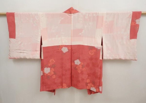 Photo6: 6930T07z520 Vintage Japanese Kimono Silk HAORI Camellia Red-Pink (6)