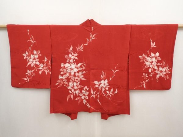 Photo1: 6930T09z520 Vintage Japanese Kimono Silk HAORI Flower Dark red (1)