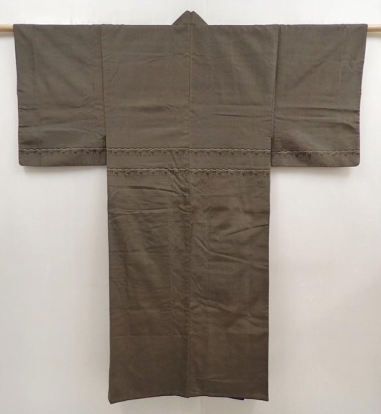 Photo1: 6930T12z690 Vintage Japanese Kimono Silk Men's   Olive-Brown (1)