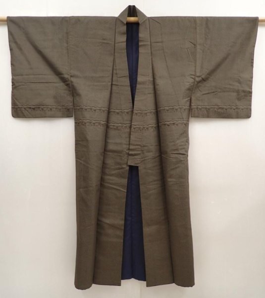 Photo7: 6930T12z690 Vintage Japanese Kimono Silk Men's   Olive-Brown (7)