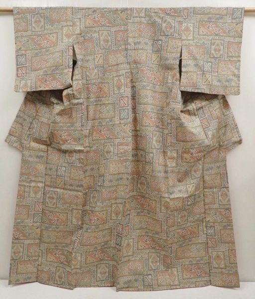 Photo1: 6930T14z800 Vintage Japanese Kimono Silk TSUMUGI  Champagne (1)