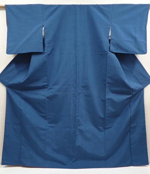 Photo1: 6930T15z940 Vintage Japanese Kimono Silk TSUMUGI Plain Steel blue (1)