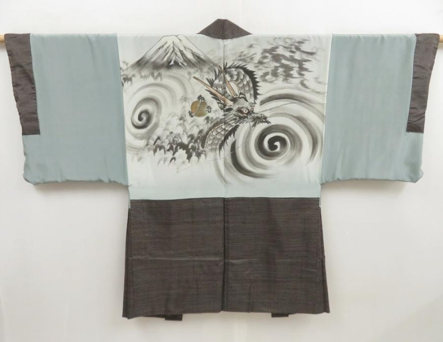 5217T07z480 Vintage Japanese Kimono Silk Men's HAORI Dragon Brown-Gray