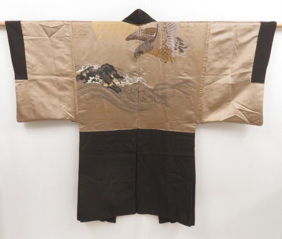 5217T11z540 Vintage Japanese Kimono Silk Men's HAORI Eagle Dark brown