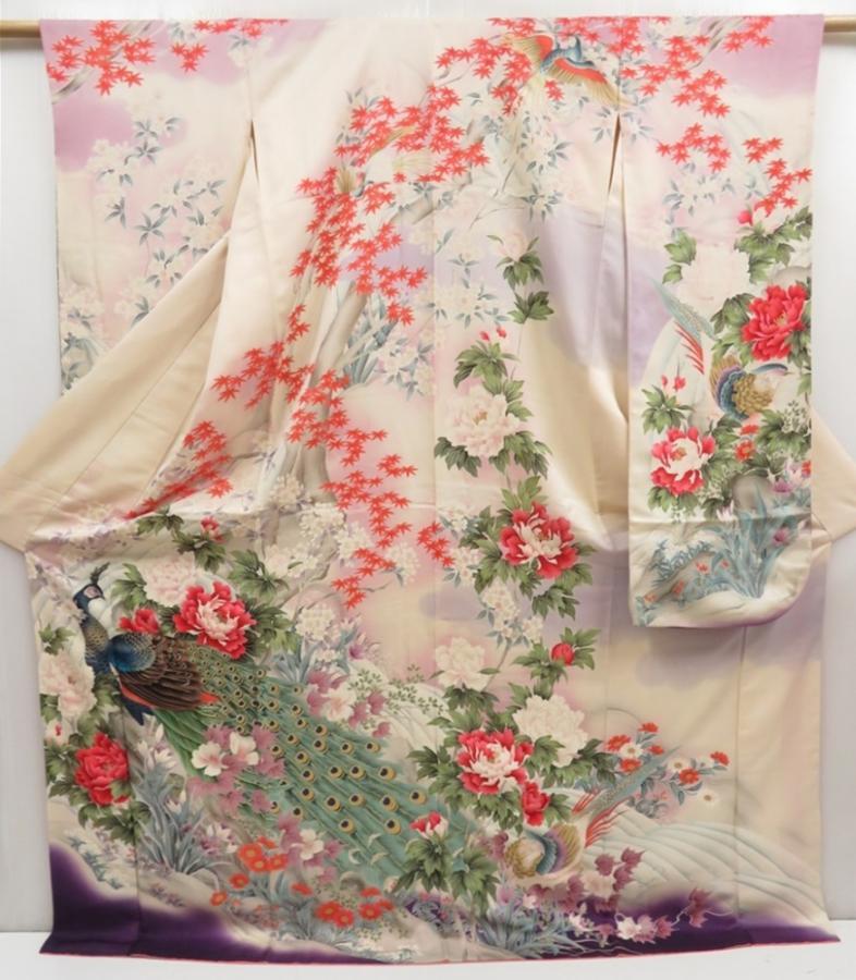 5217T13z1160 Vintage Japanese Kimono Silk FURISODE Peacock Off-white