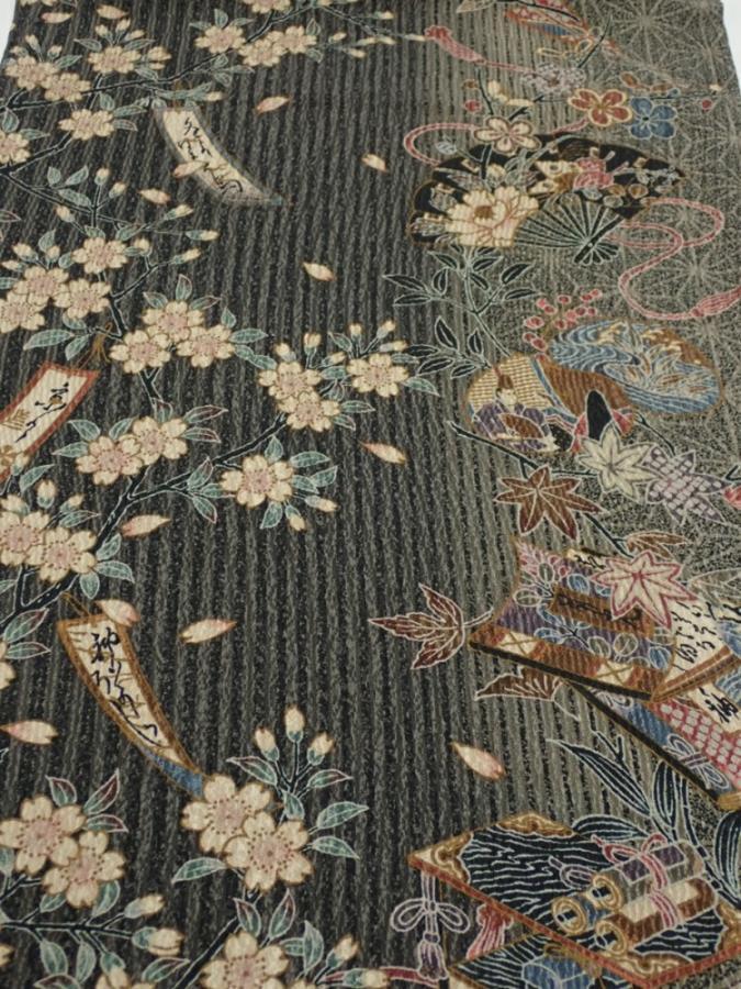 2P01z60  Japanese Kimono Crepe Silk  FABRIC Sakura Black-Gray 40.9x14.2