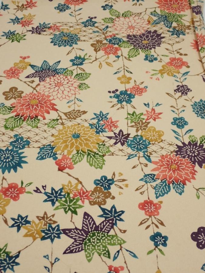 2Q01z60  Japanese Kimono Silk  FABRIC Flowers Light brown 41.7x14.2
