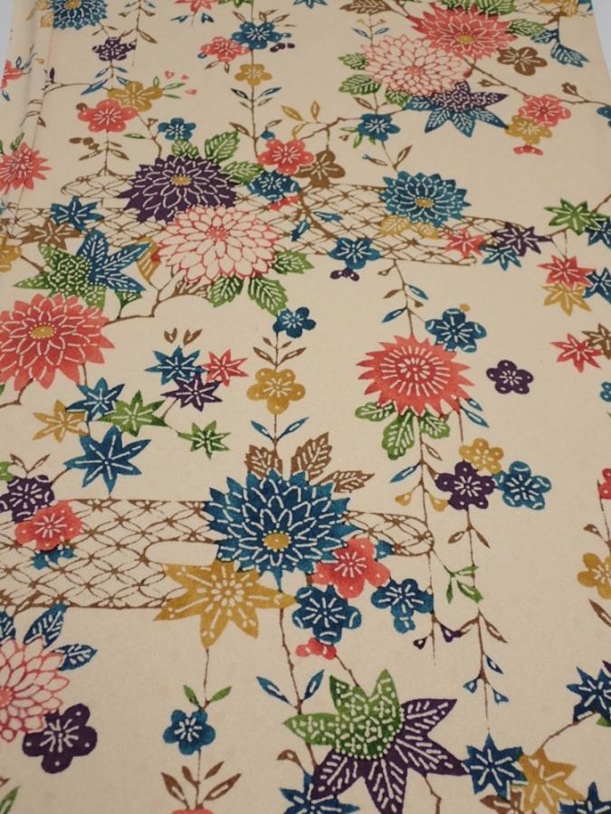 2Q02z60  Japanese Kimono Silk  FABRIC Flowers Light brown 41.7x14.4