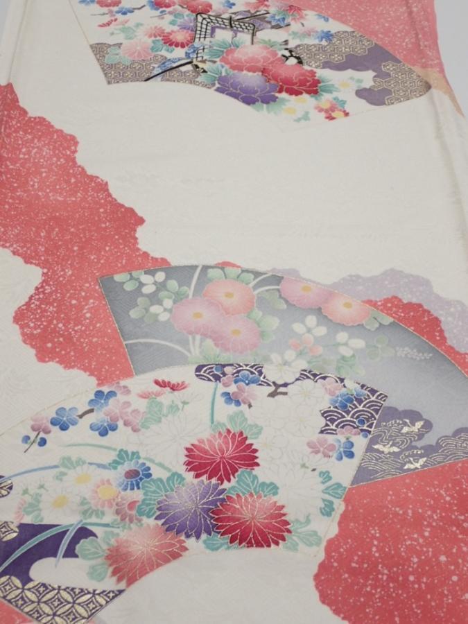 2S02z120  Japanese Kimono Silk  FABRIC Flowers Off-white 86.6x15.7