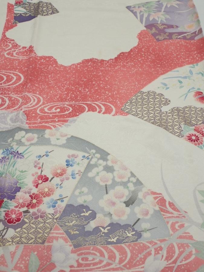 2S03z90  Japanese Kimono Silk  FABRIC Flowers Off-white 68.9x15.7