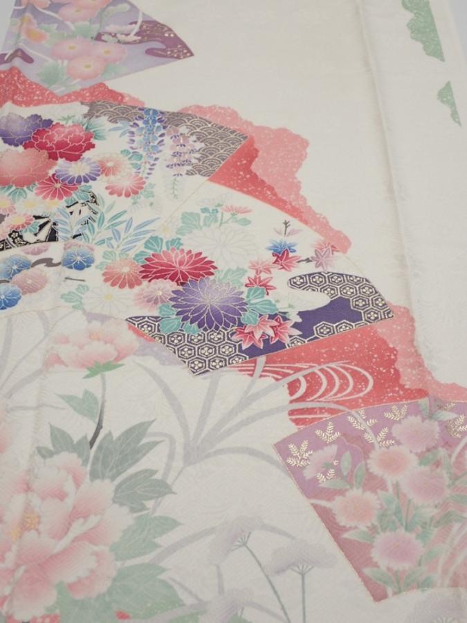 2S04z90  Japanese Kimono Silk  FABRIC Flowers Off-white 68.5x15.7