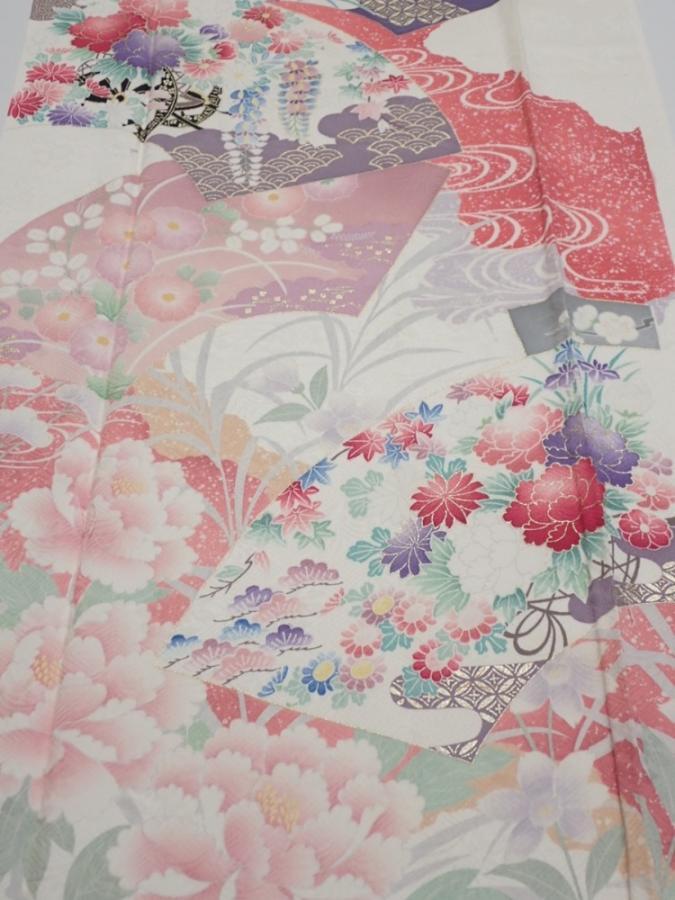 2S05z100  Japanese Kimono Silk  FABRIC Flowers Off-white 70.9x15.7