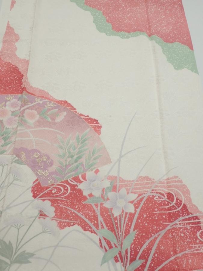 2S06z100  Japanese Kimono Silk  FABRIC Flowers Off-white 70.9x15.7