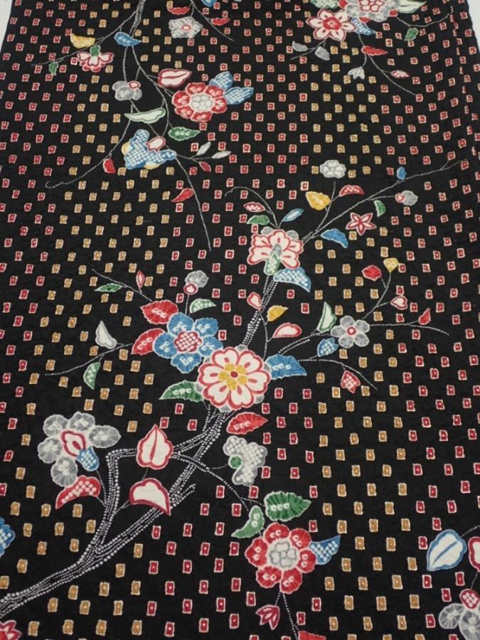 2S01z60  Japanese Kimono Silk  FABRIC Flower Black 40.2x14.6