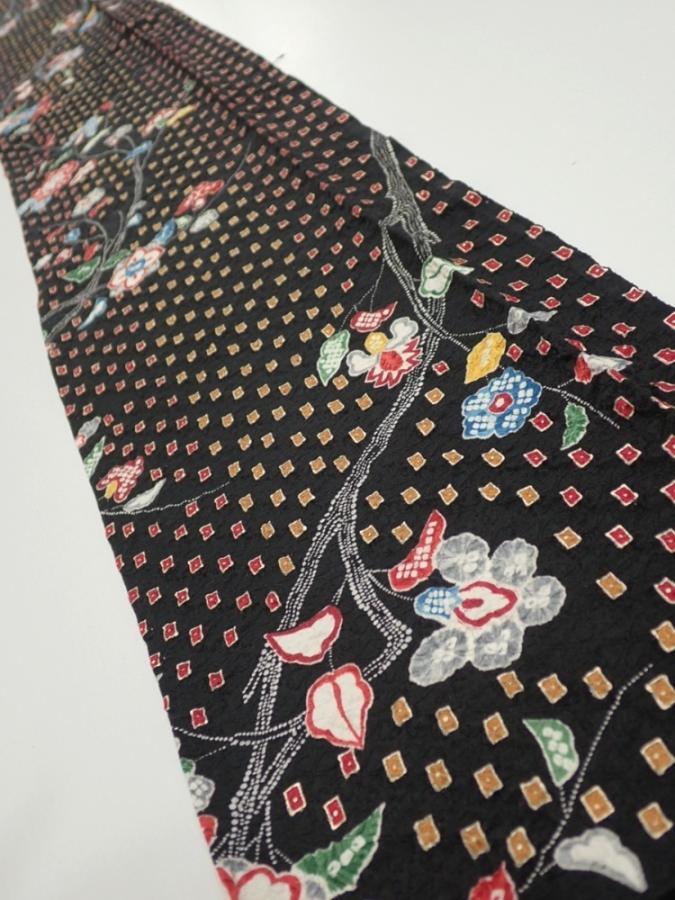 2S07z50  Japanese Kimono Silk  FABRIC Flower Black 56.7x7.5
