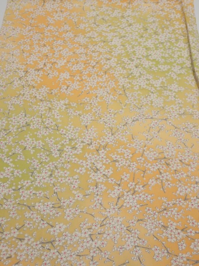 2S01z60  Japanese Kimono Silk  FABRIC Sakura branch Orange-Yellow 44.9x14.4