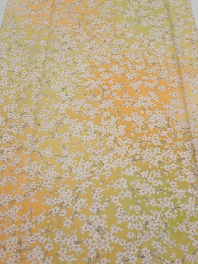 2S04z90  Japanese Kimono Silk  FABRIC Sakura branch Orange-Yellow 67.3x14.4
