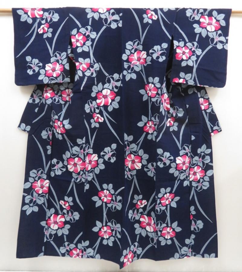 5218T01z560 Vintage Japanese Kimono Cotton YUKATA Camellia Dark navy