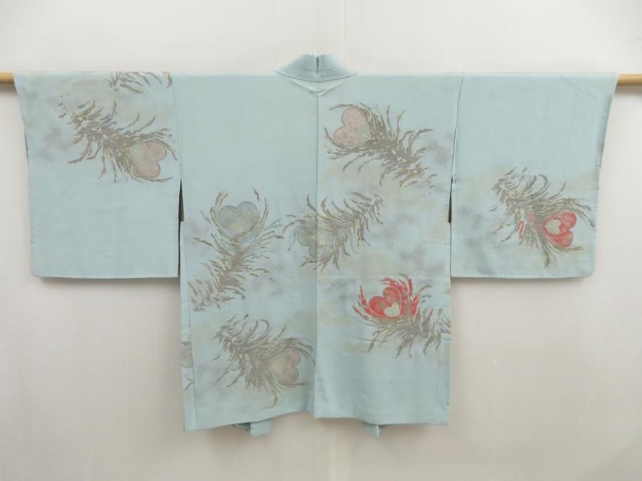5218T04z620 Vintage Japanese Kimono Silk HAORI Peacock feather Light blue