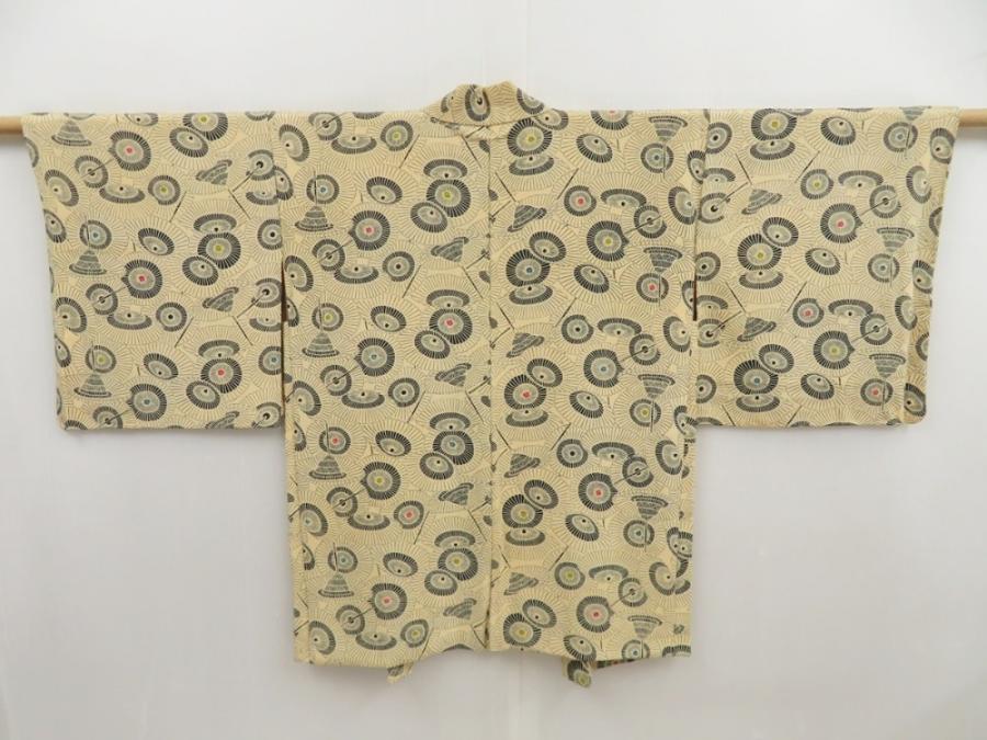 5218T10z460 Vintage Japanese Kimono Silk HAORI Umbrella Cream-Yellow