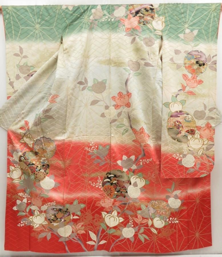 5218T13z1180 Vintage Japanese Kimono Silk FURISODE Tachibana Dark red