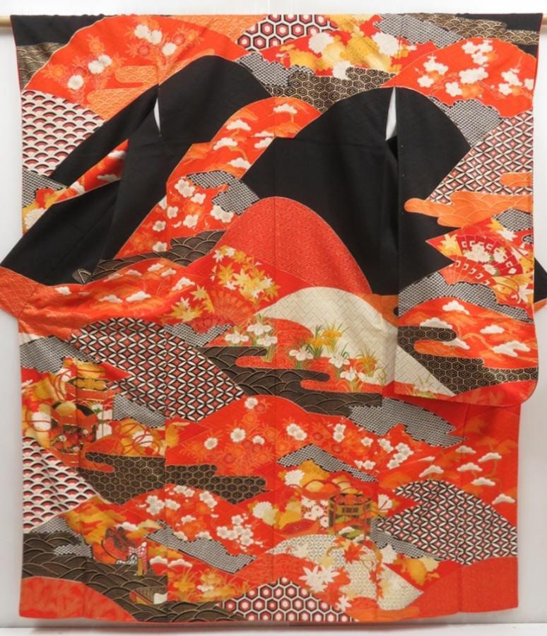 5218T14z1100 Vintage Japanese Kimono Silk FURISODE Shell box Orangered