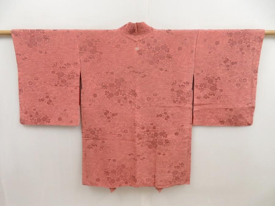 5810T02z630 Vintage Japanese Kimono Silk HAORI Flowers Coral pink