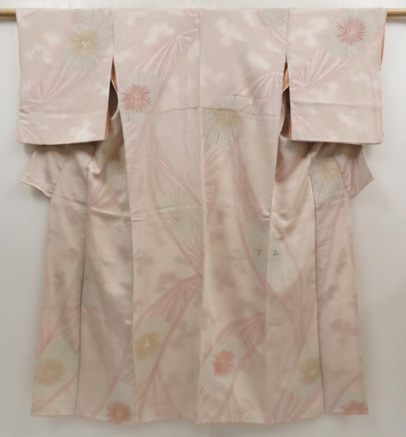 5810T09z740 Vintage Japanese Kimono Silk KOMON Flower Light gray
