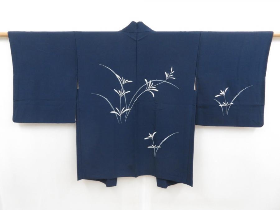 5814T07z650 Vintage Japanese Kimono Silk HAORI Flower Navy
